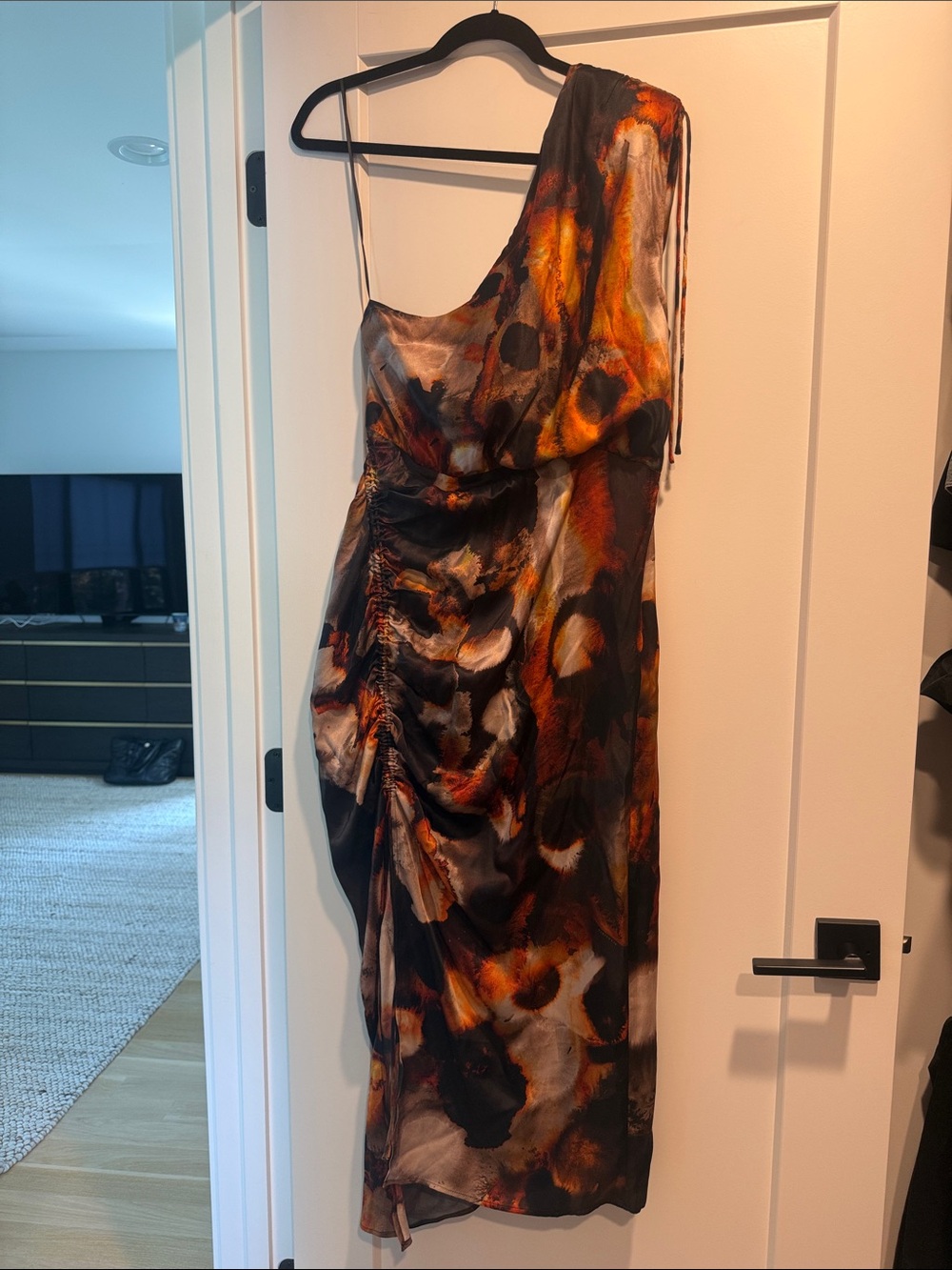 All Saints Laura One-Shoulder Satin Dress in Black, Orange and Brown